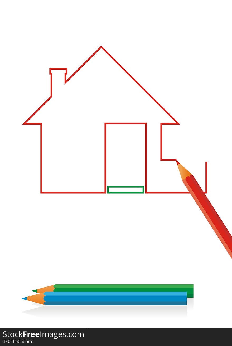 On a white background country house drawing. The pencil draws this house. Two colour pencils below lie. On a white background country house drawing. The pencil draws this house. Two colour pencils below lie.