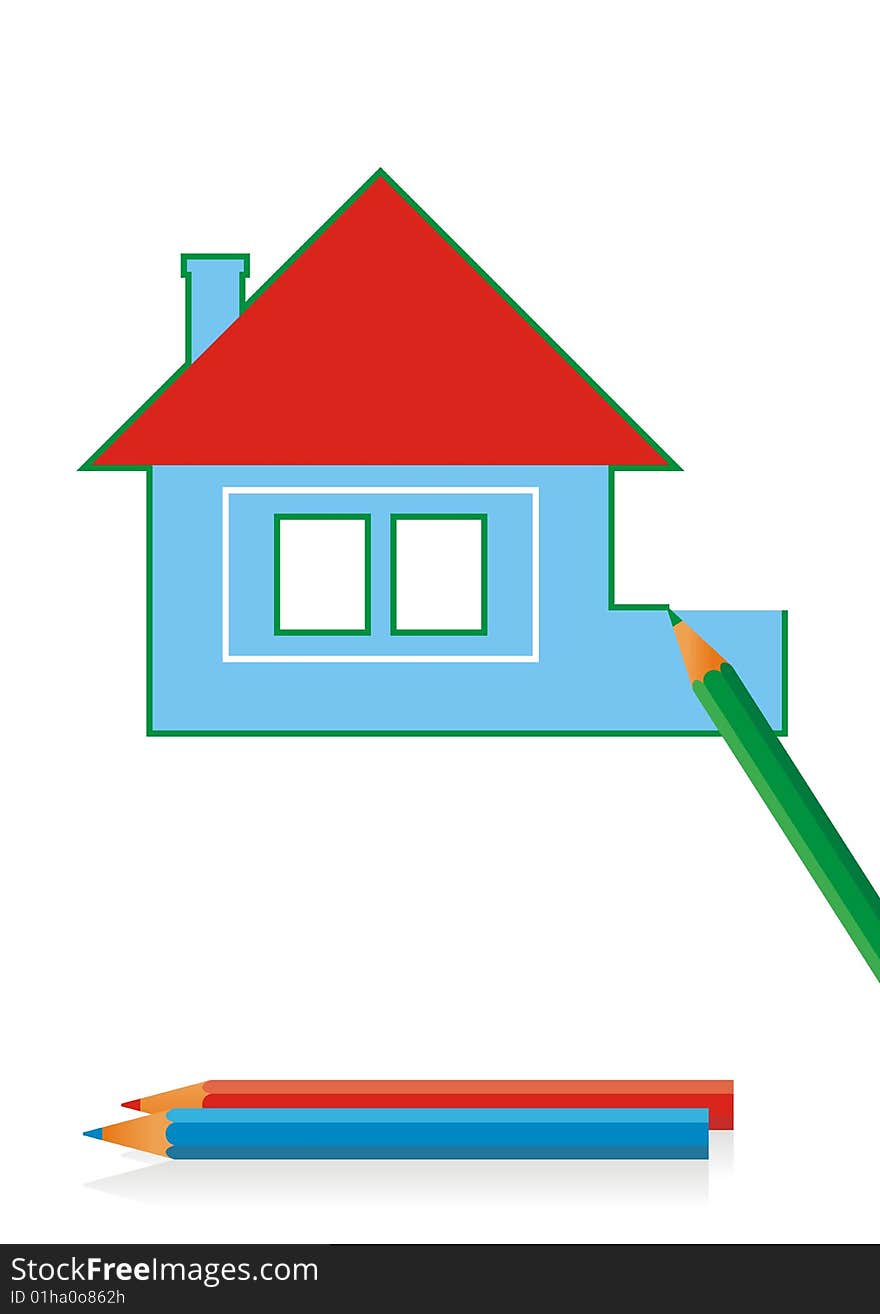 On a white background country house drawing. The pencil draws this house. Two colour pencils below lie. On a white background country house drawing. The pencil draws this house. Two colour pencils below lie.