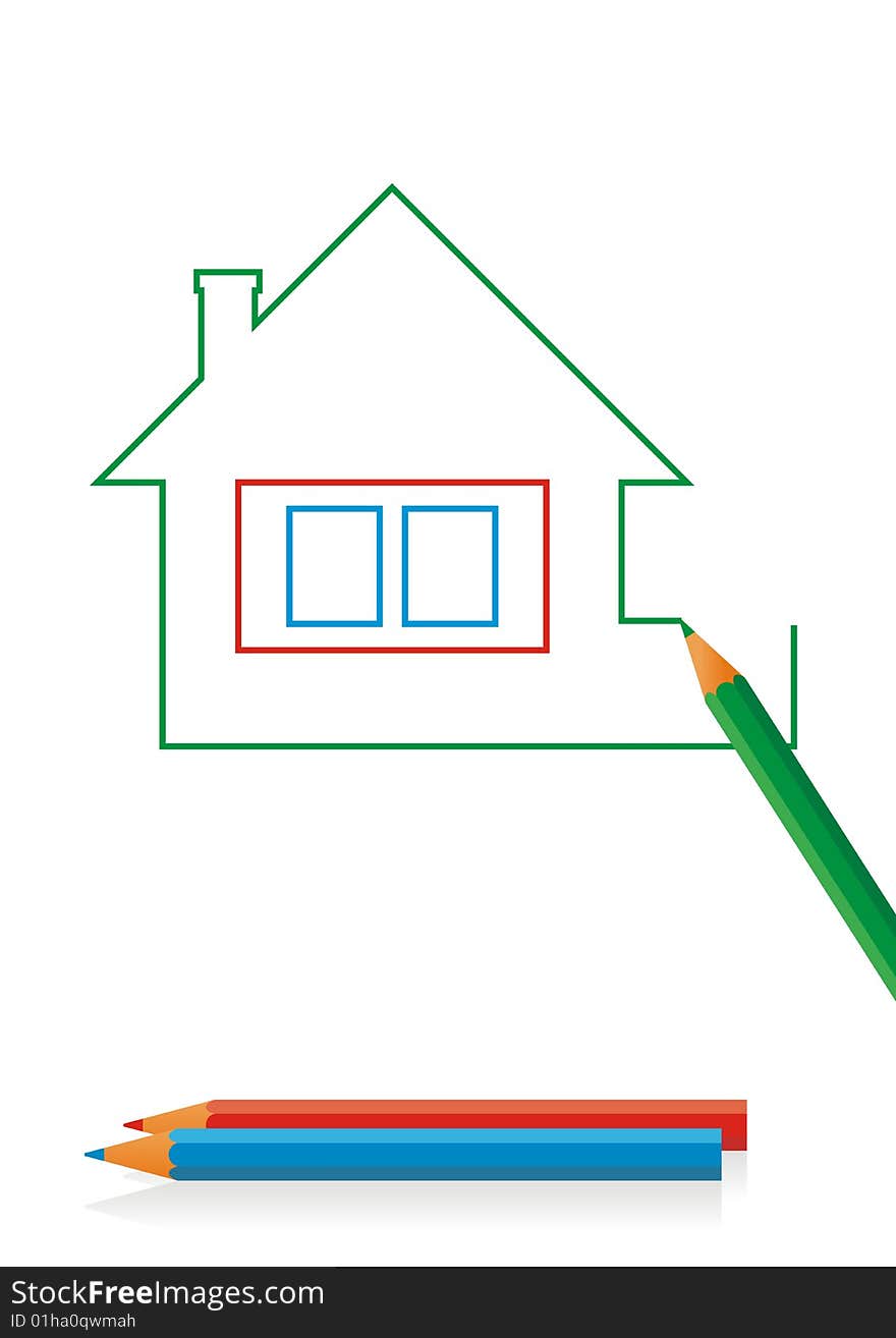 On a white background country house drawing. The pencil draws this house. Two colour pencils below lie. On a white background country house drawing. The pencil draws this house. Two colour pencils below lie.