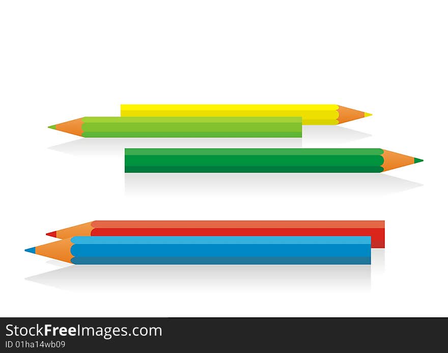 Five colour pencils on a white background. They lie on a horizontal plane. From pencils shades fall. Five colour pencils on a white background. They lie on a horizontal plane. From pencils shades fall.