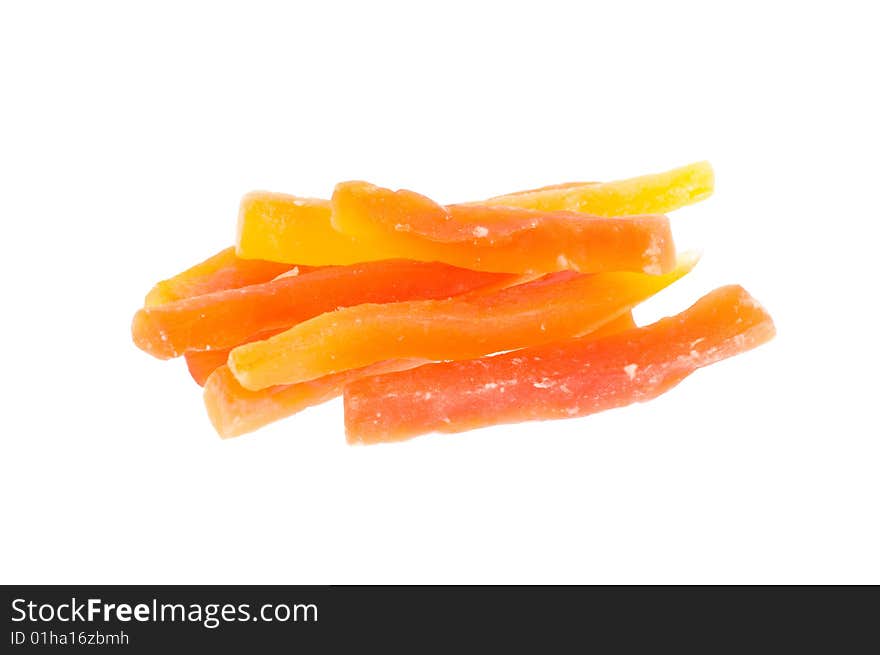 Multi-coloured candied fruits isolated on a white background