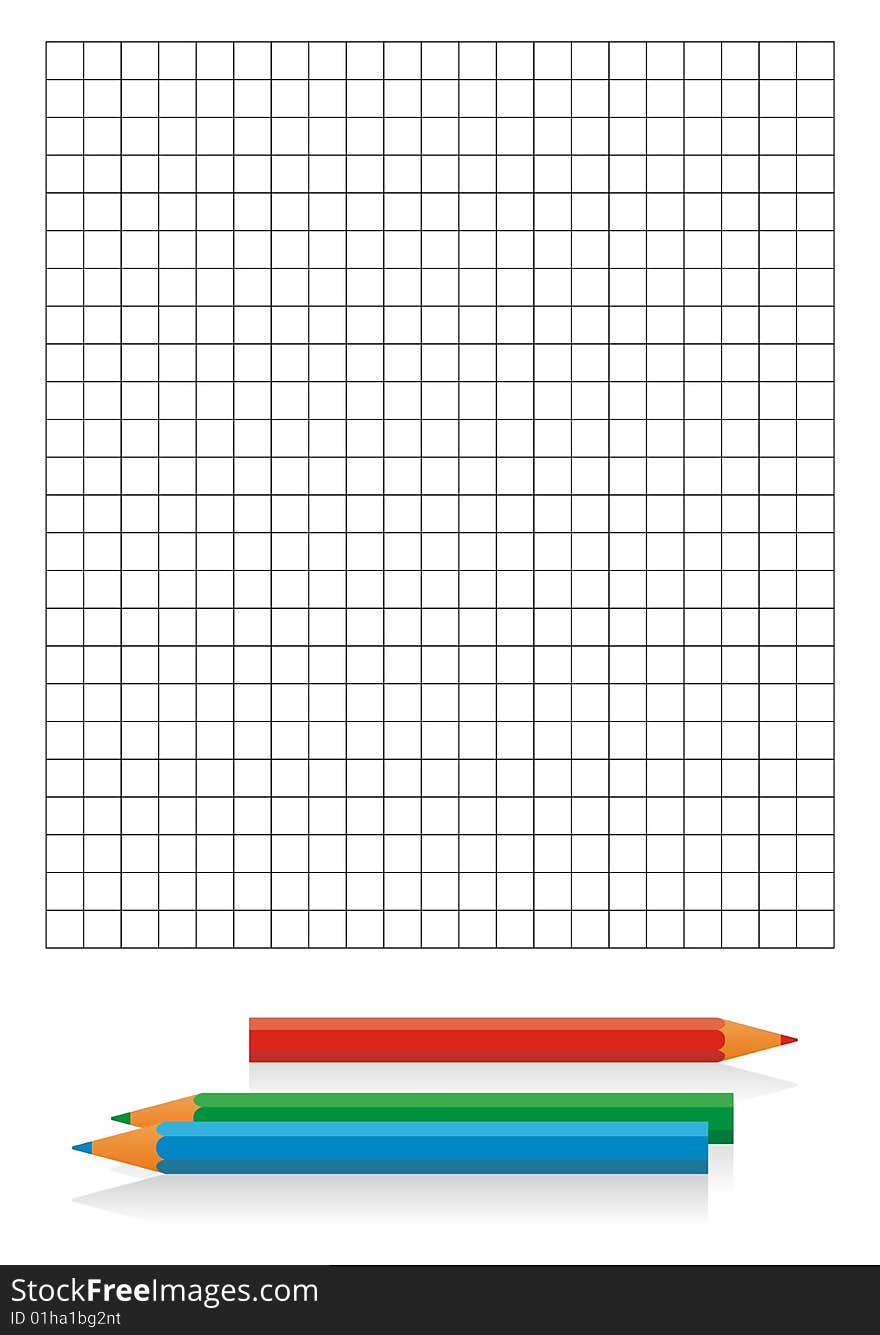 Three colour pencils lie on a white background. From them the shade falls. On a distance shot a checkered sheet of paper. Three colour pencils lie on a white background. From them the shade falls. On a distance shot a checkered sheet of paper.