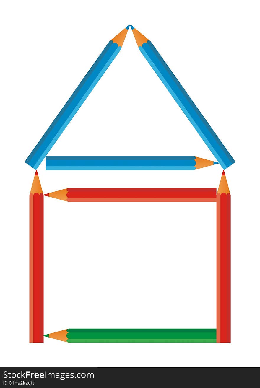 Vertical composition with a country house. On a white background colour pencils lie. They repeat a country house silhouette.