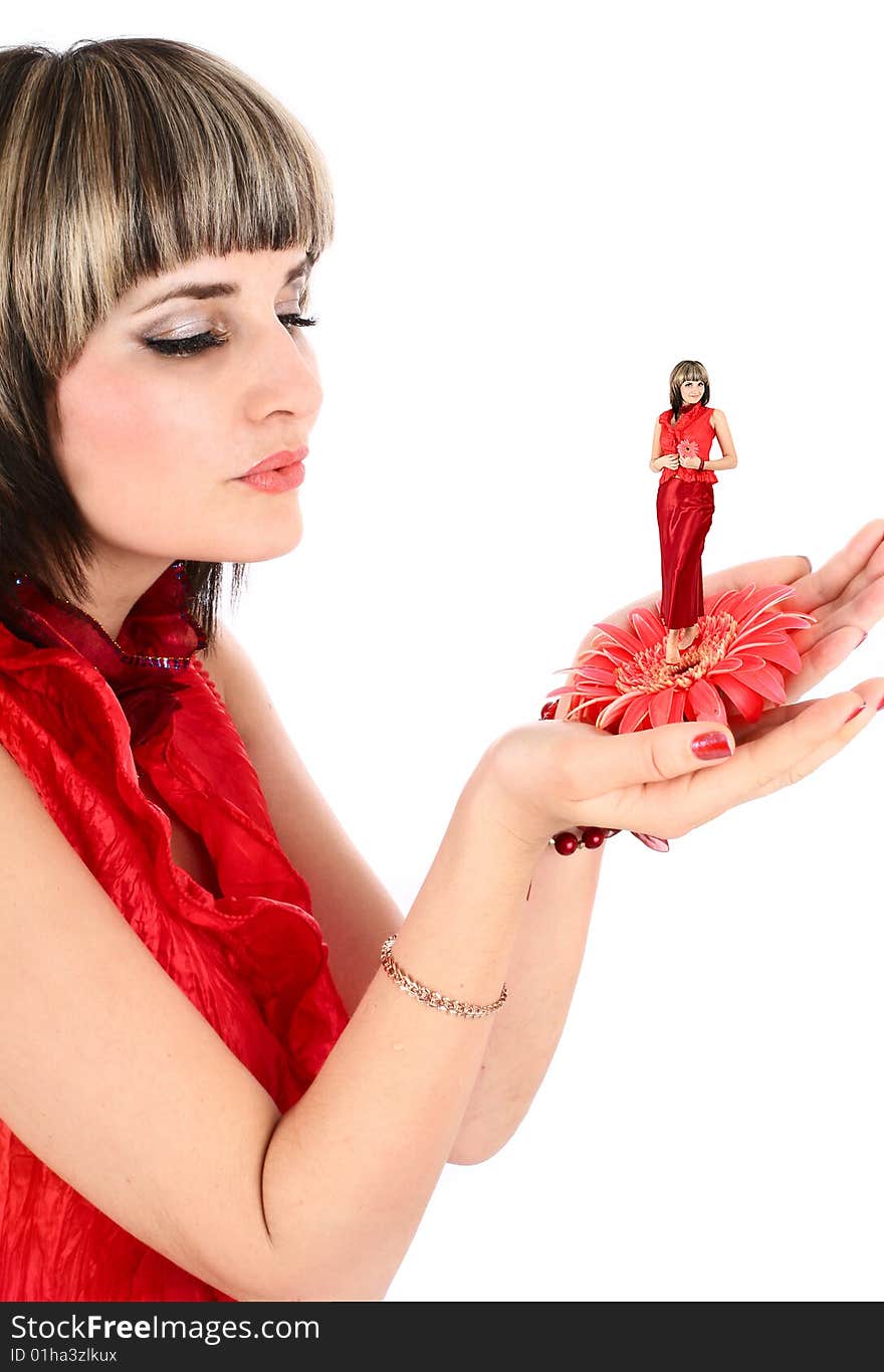 Series of images of the young woman in a red dress