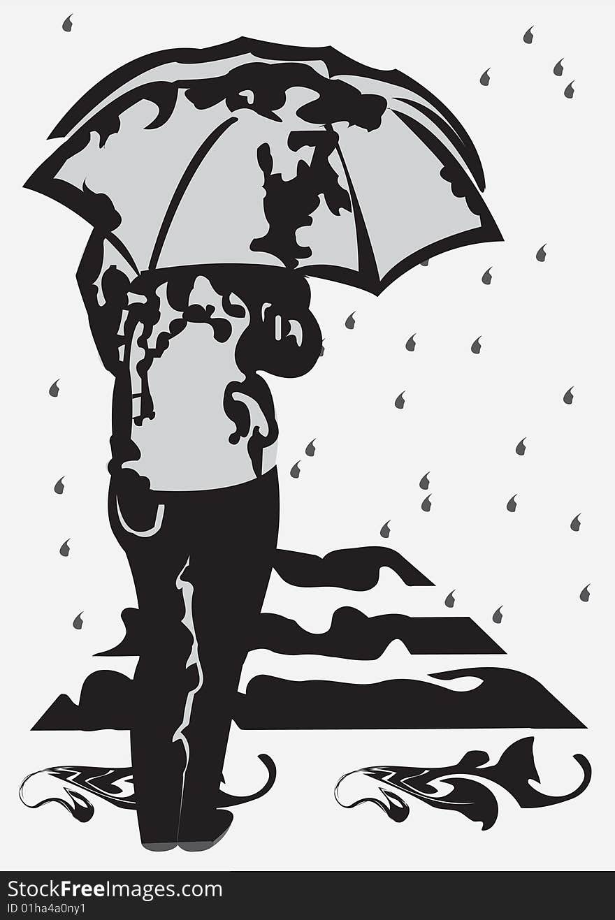 Grey scale Vector illustration of a young girl under umbrella in front of pedestrian-crossing, and it's raining