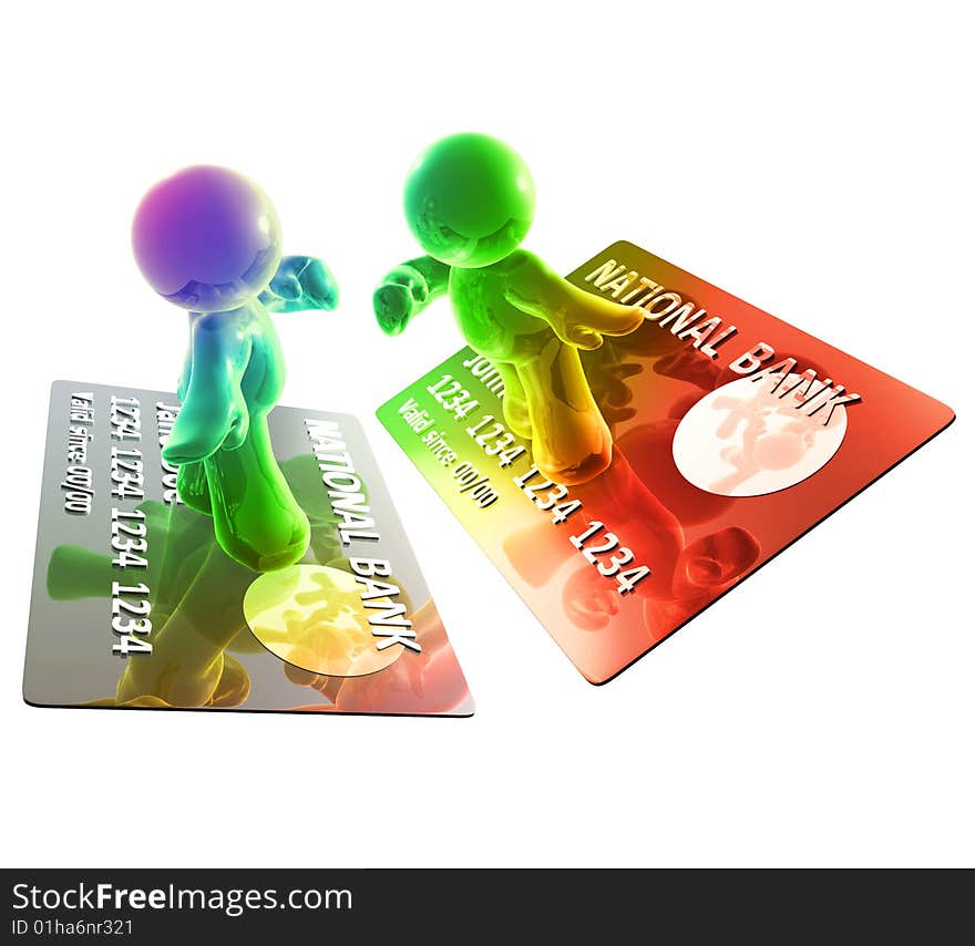 Colorful icon figure surfing on a credit card