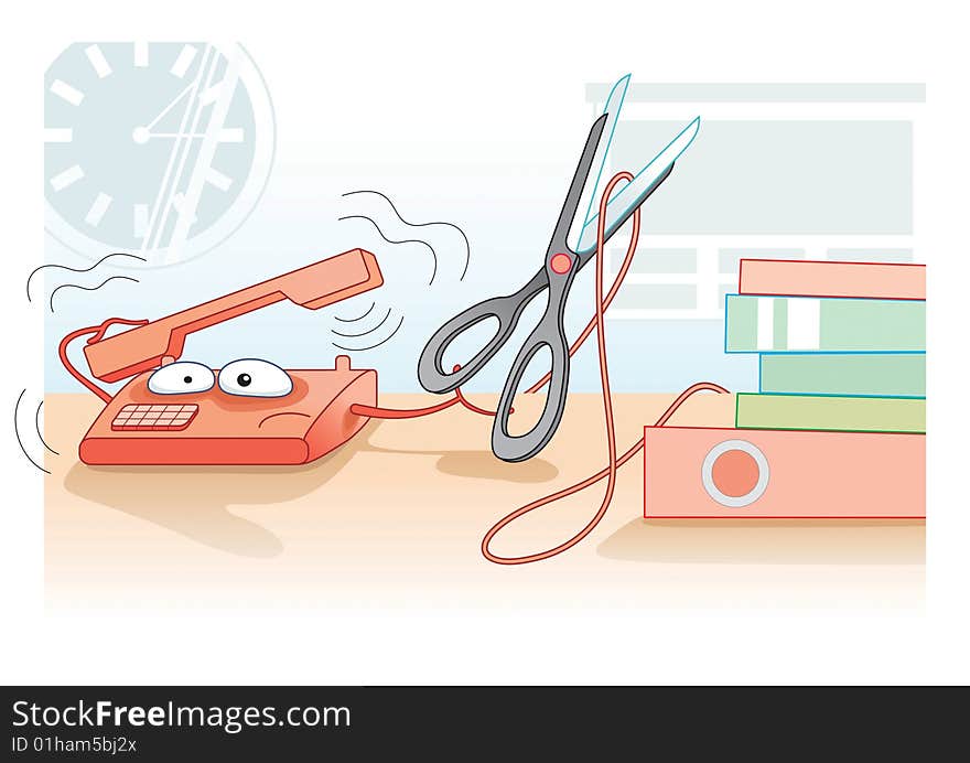 Office illustration with sad tired telephone with scissors. Office illustration with sad tired telephone with scissors