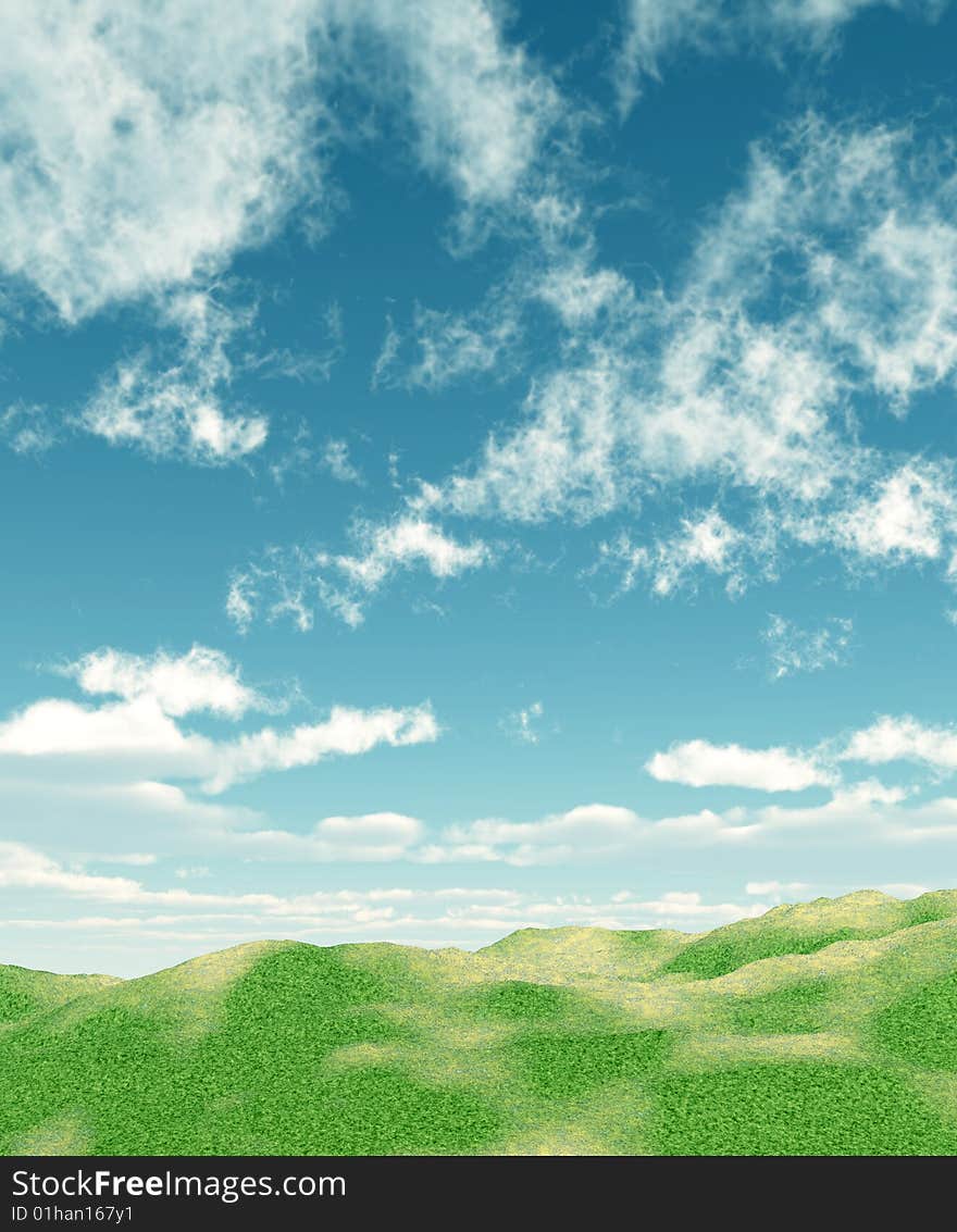 Green field and sky with fluffy clouds