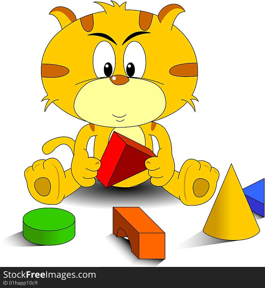 Kitten playing building blocks, building blocks have a variety of colors. Kitten playing building blocks, building blocks have a variety of colors