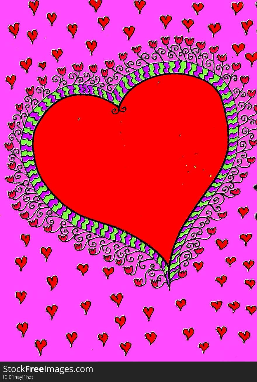 Large Red Doodle Heart with pink background, surrounded with many little hearts.  Handdrawn style. Large Red Doodle Heart with pink background, surrounded with many little hearts.  Handdrawn style.