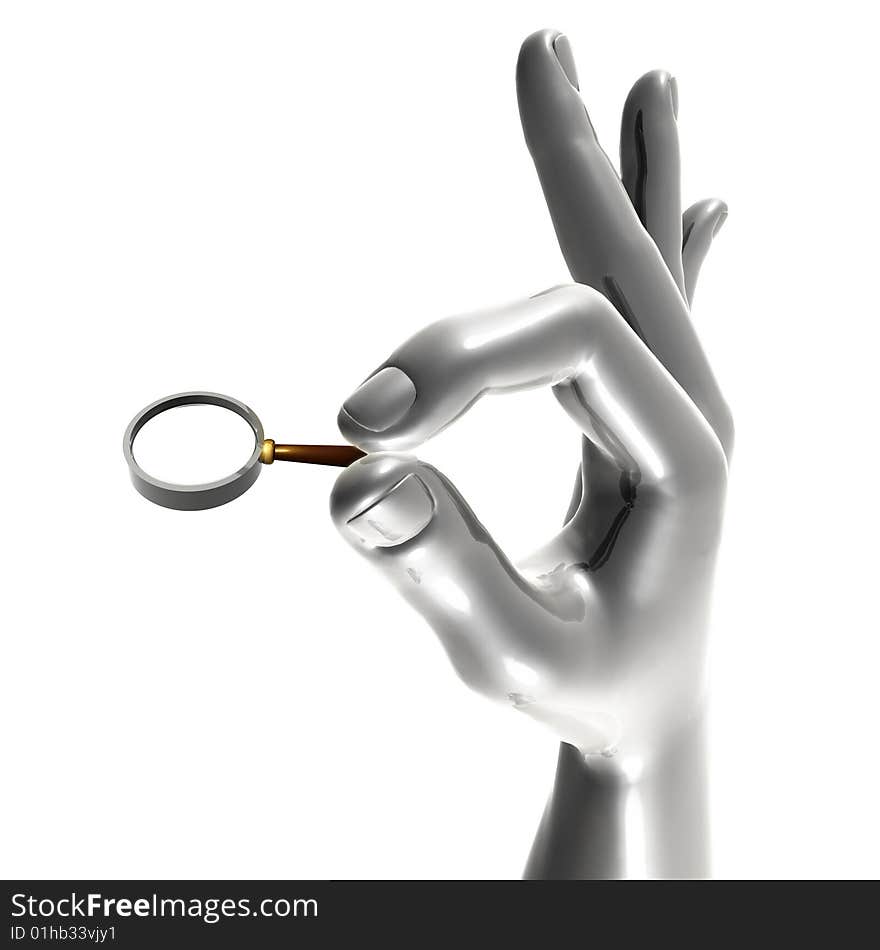 Holding small searching magnifier glass. Holding small searching magnifier glass