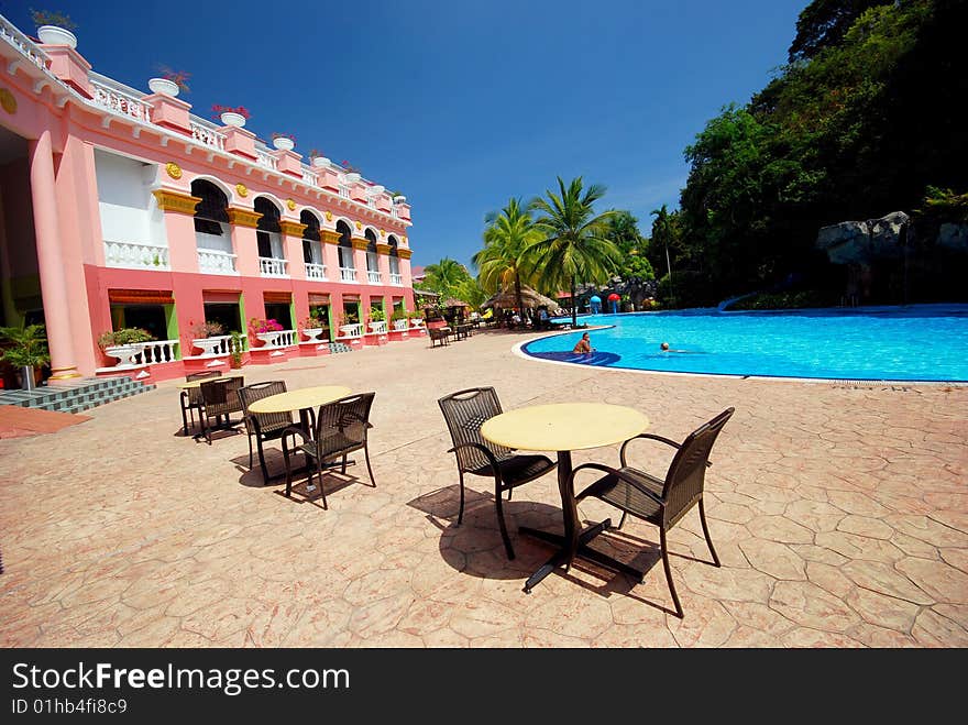 Beautiful swiming pool image on the blue sky background. Beautiful swiming pool image on the blue sky background