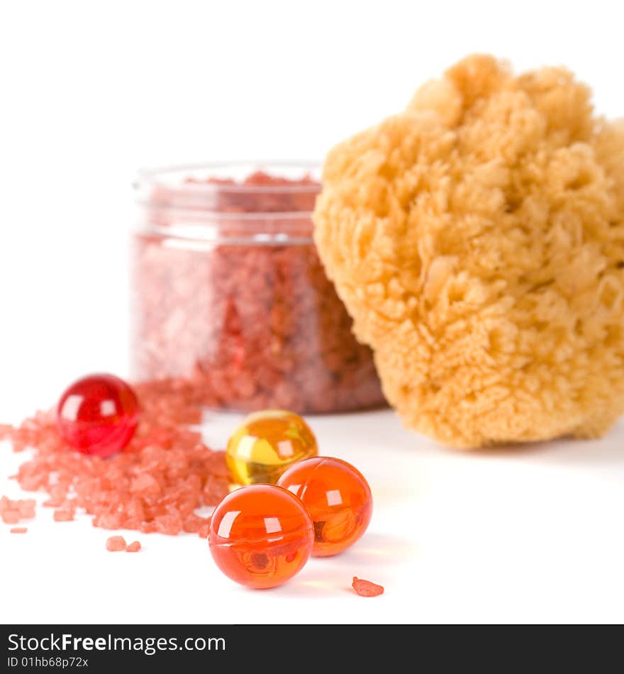 Spa products: natural sponge, bath salt and oil balls