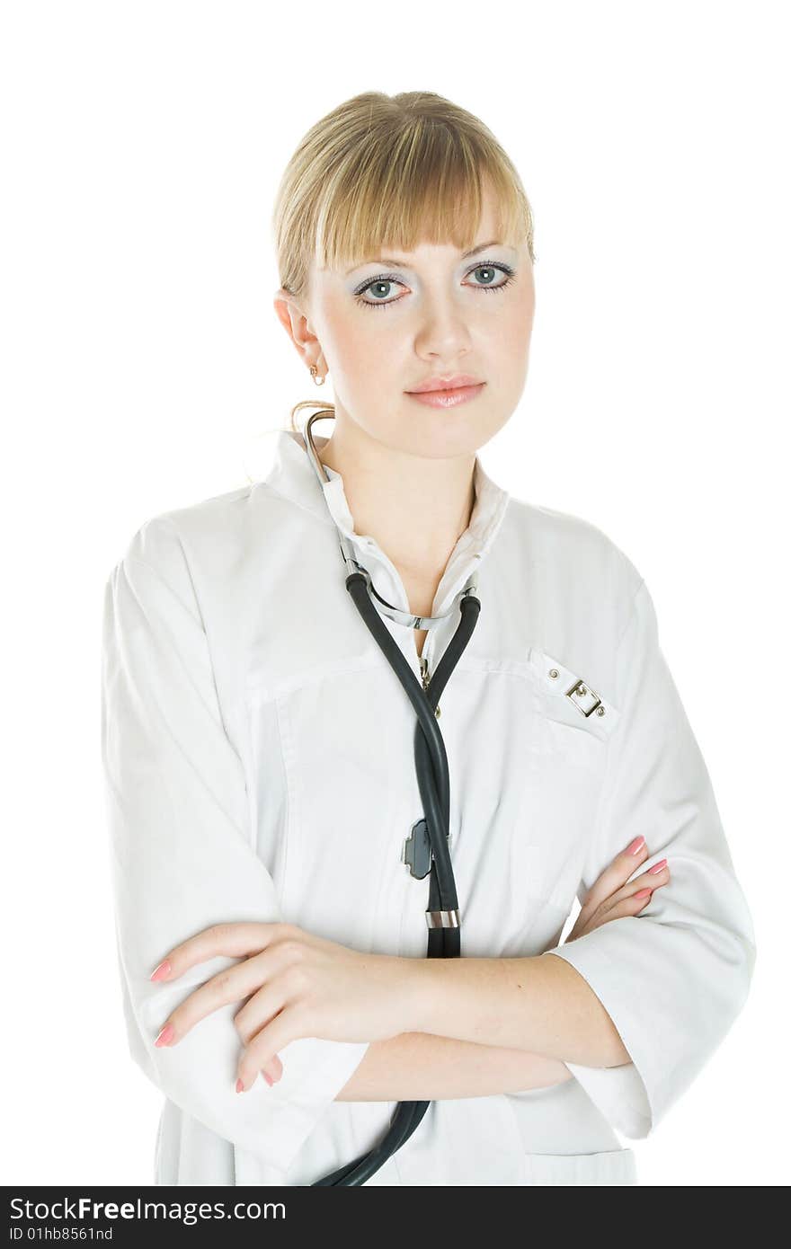 Young female doctor. Isolated on white background