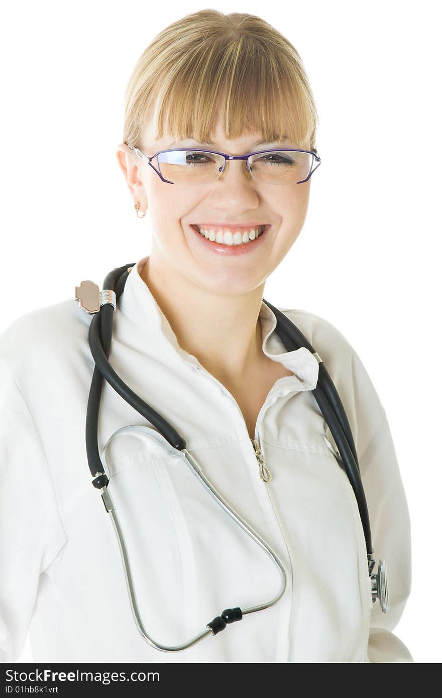 Young female doctor. Isolated on white background