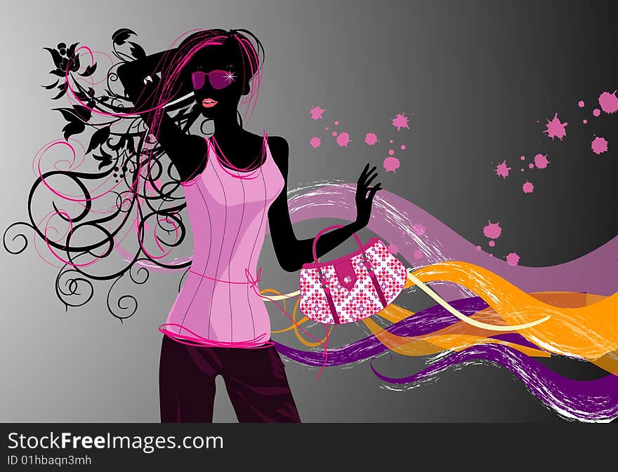 Art vector illustration of a fashion girl silhouette on the creative background