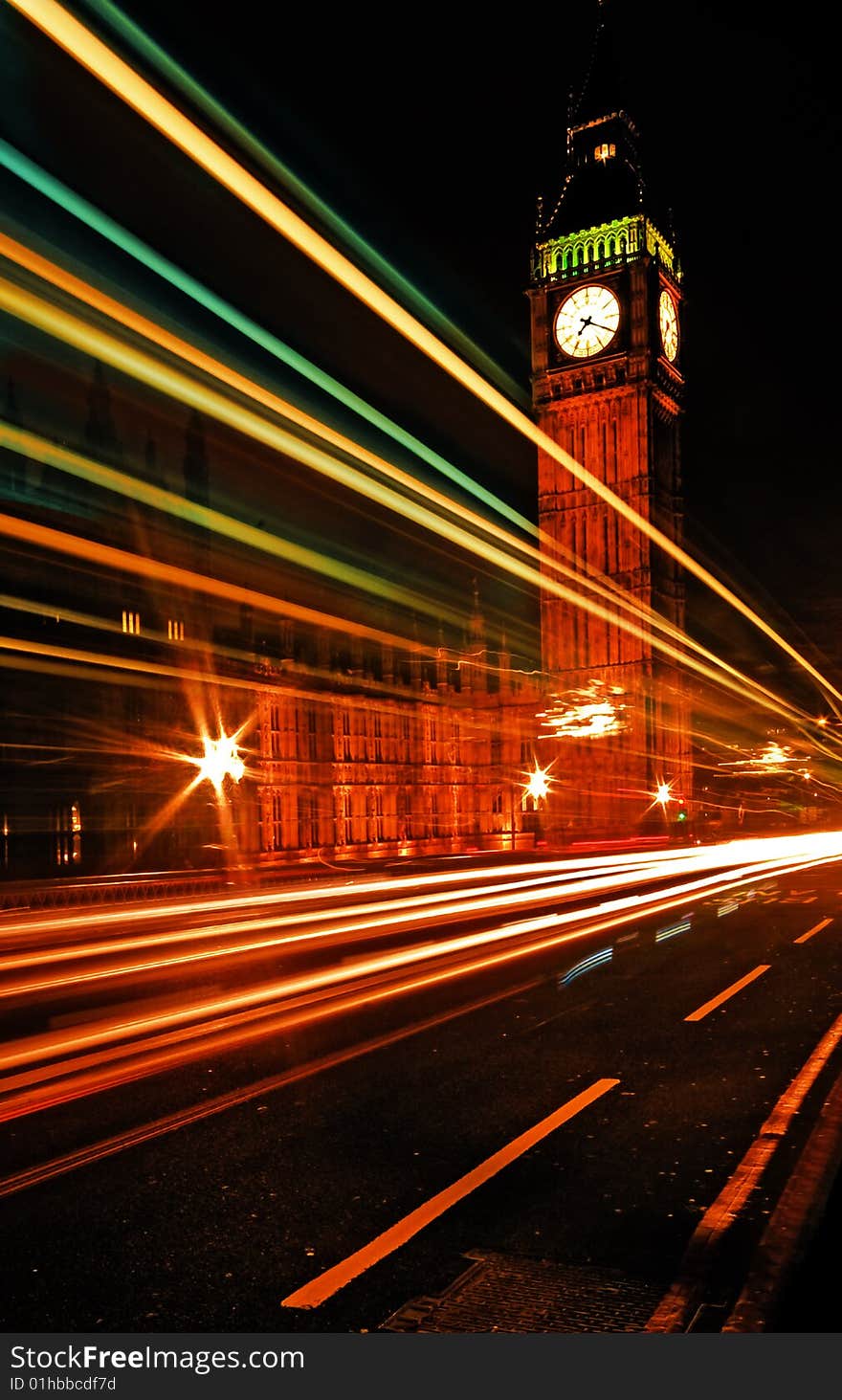 Light trails over Westminster Bridge with Big Ben in the background. Light trails over Westminster Bridge with Big Ben in the background.