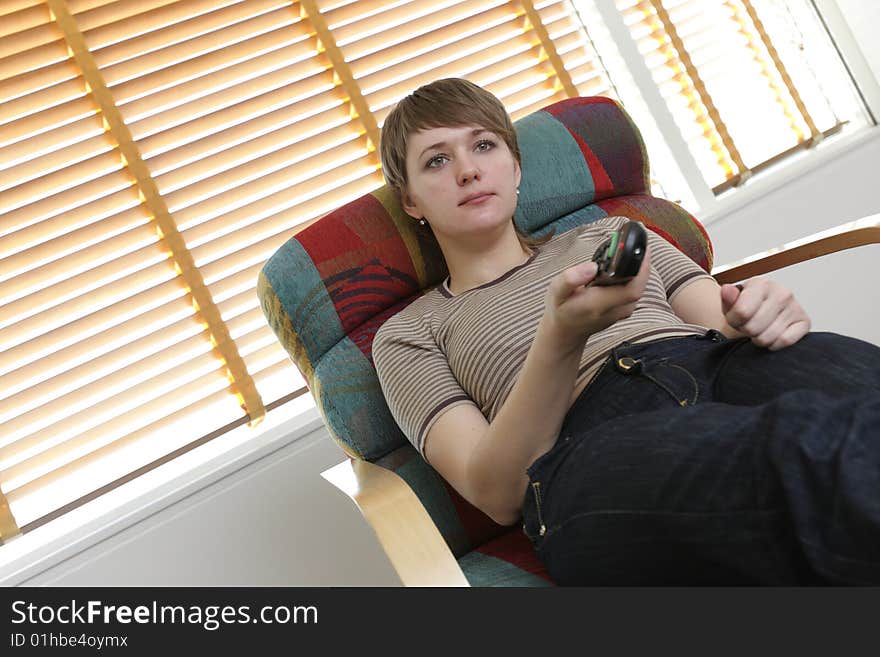 Woman watches TV