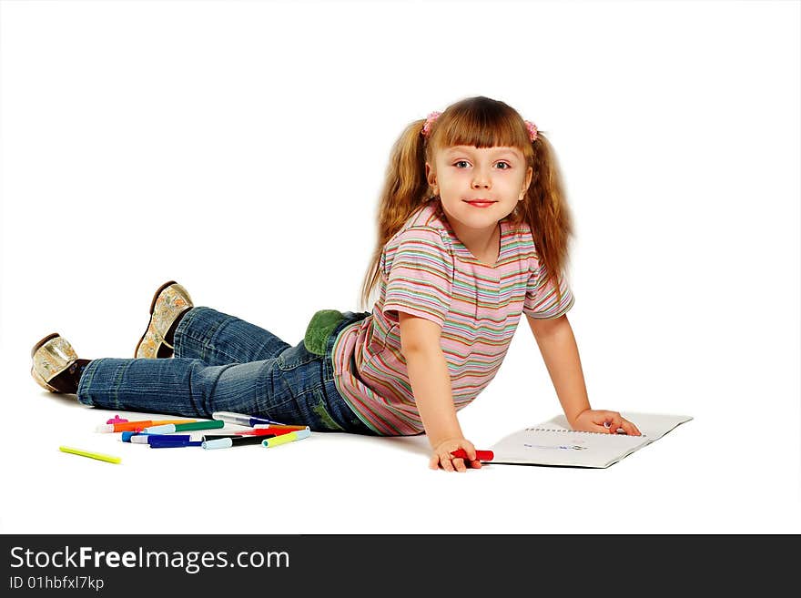 The girl draws on a white background