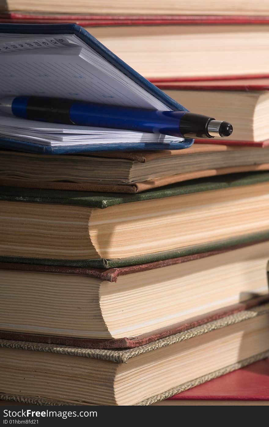 A few books, notebook and ball-shaped fountain-pen. A few books, notebook and ball-shaped fountain-pen.