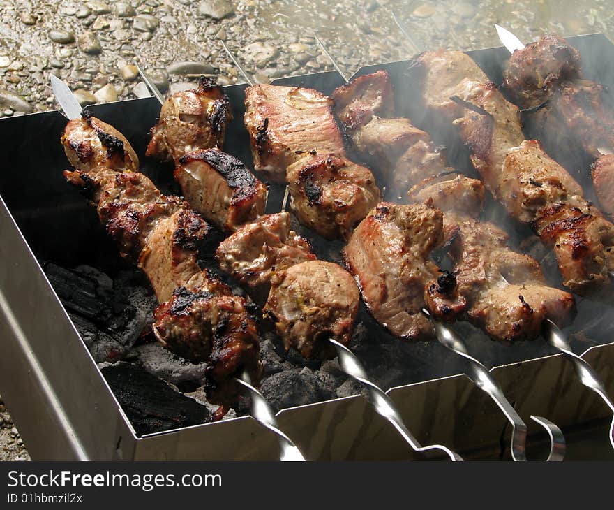 Meat prepared on campfires.The Rest on nature. Meat prepared on campfires.The Rest on nature.