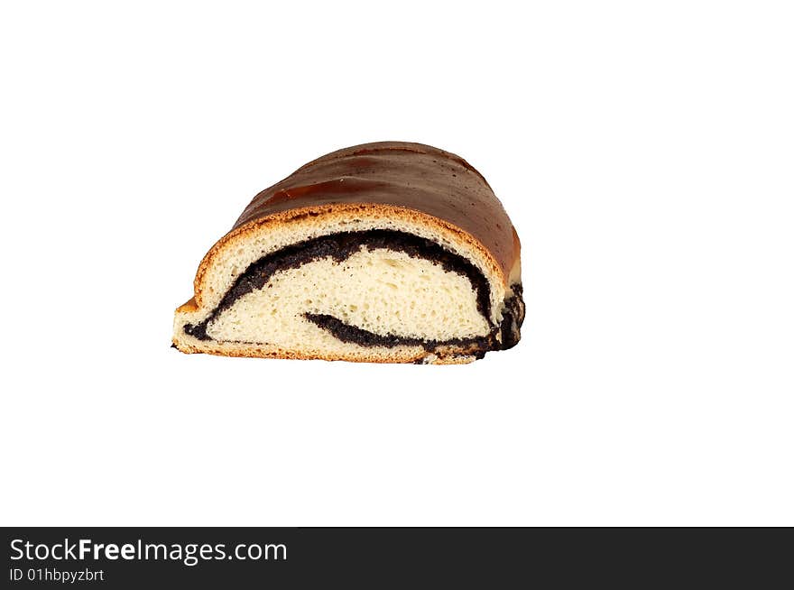 Half long loaf with poppy  isolated on a white background. Half long loaf with poppy  isolated on a white background.