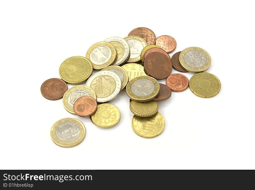 Euro coins on the white background