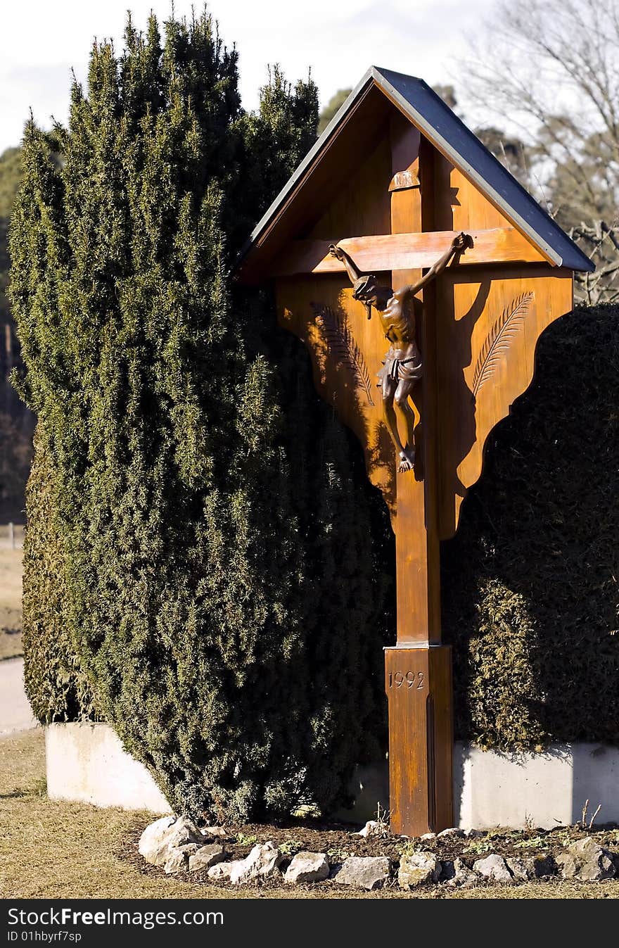 A wooden religious cross in Bavaria. A wooden religious cross in Bavaria