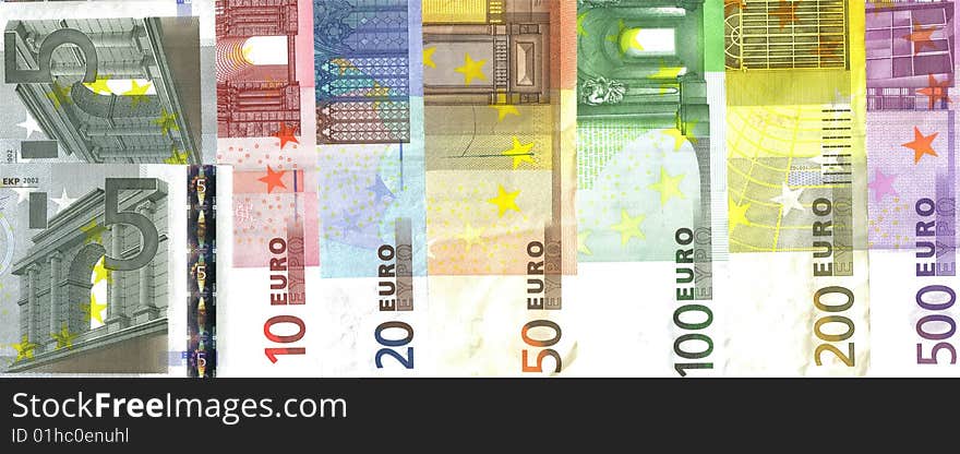 Detail front euro banknotes background. Detail front euro banknotes background