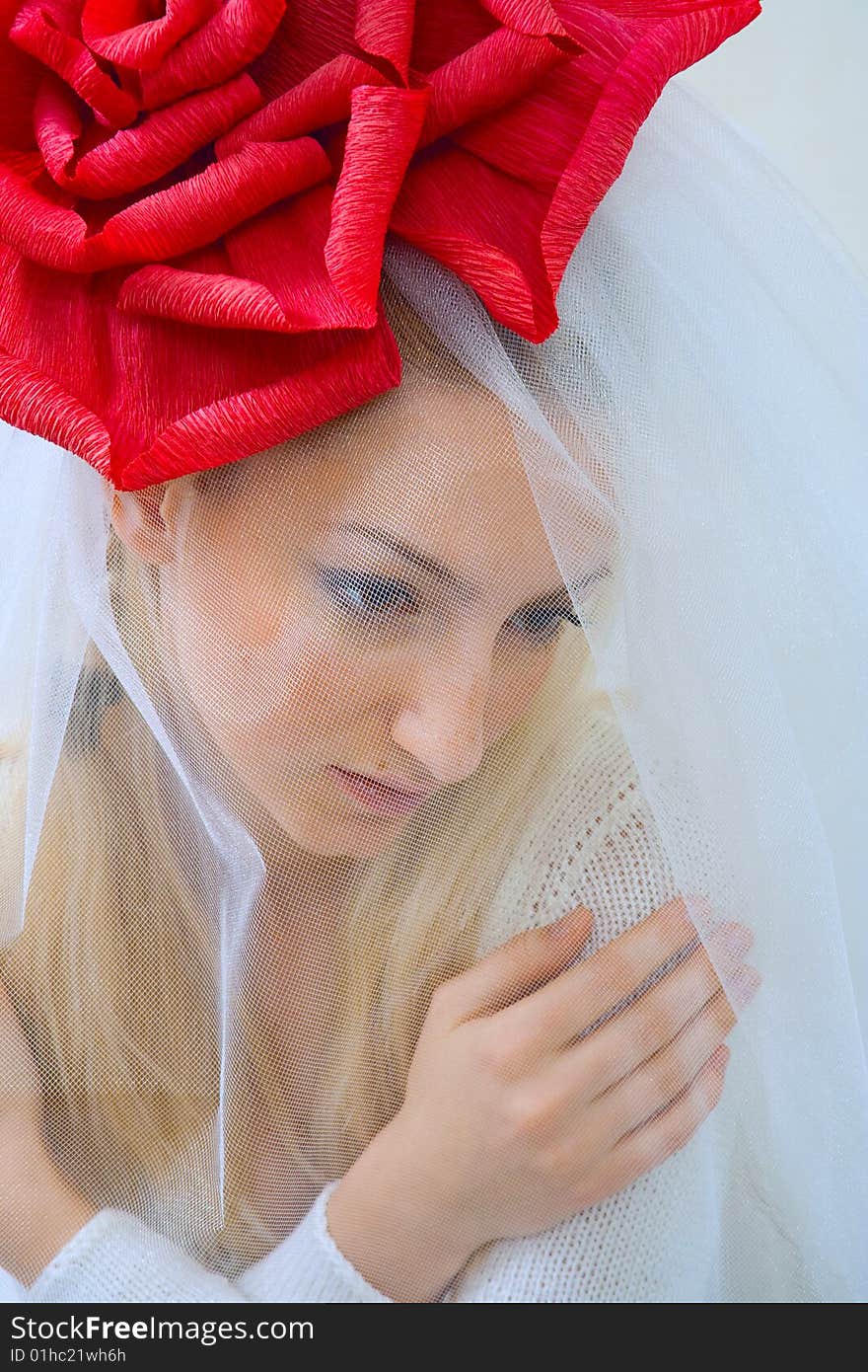 Young beautiful bride with a red bow on a head