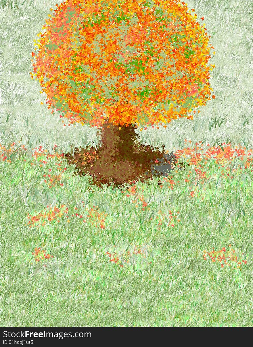 A tree in autumn with leaves falling down