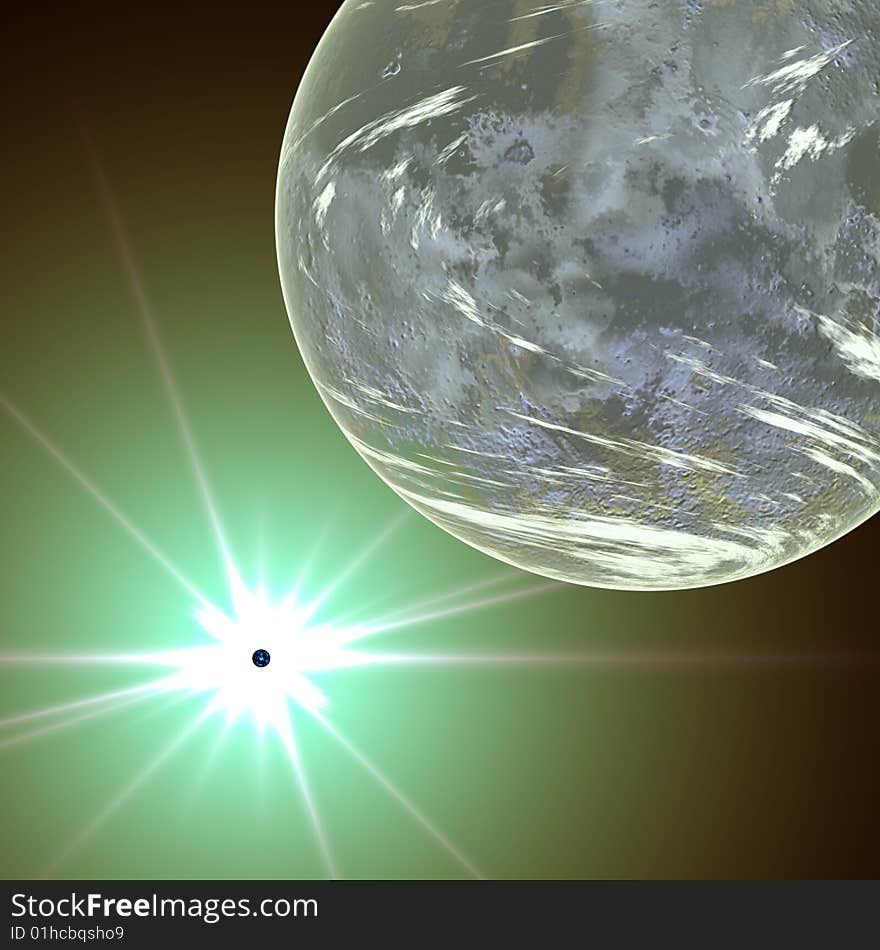 Fantasy planet and sun in space to background