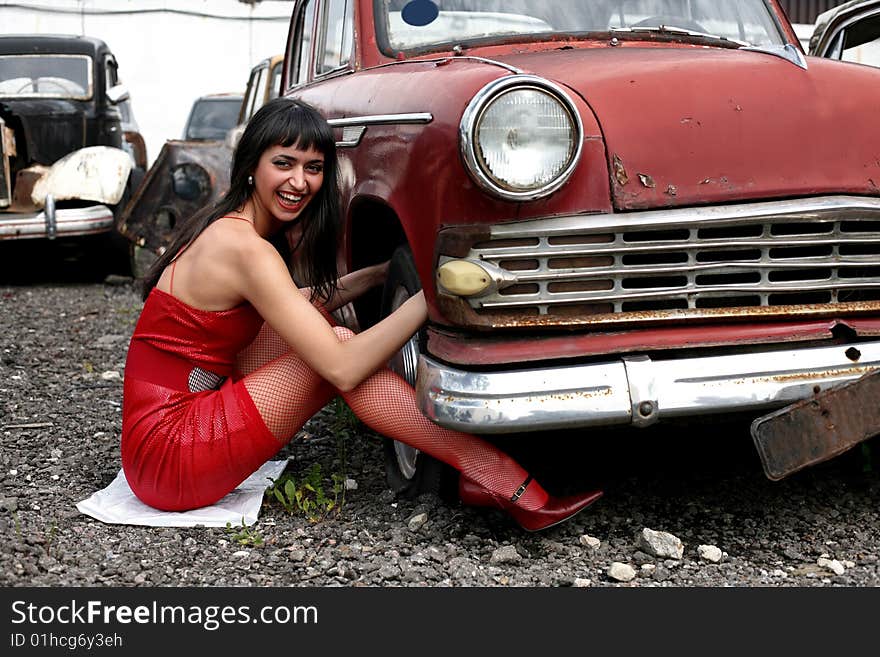 Girl at retro car