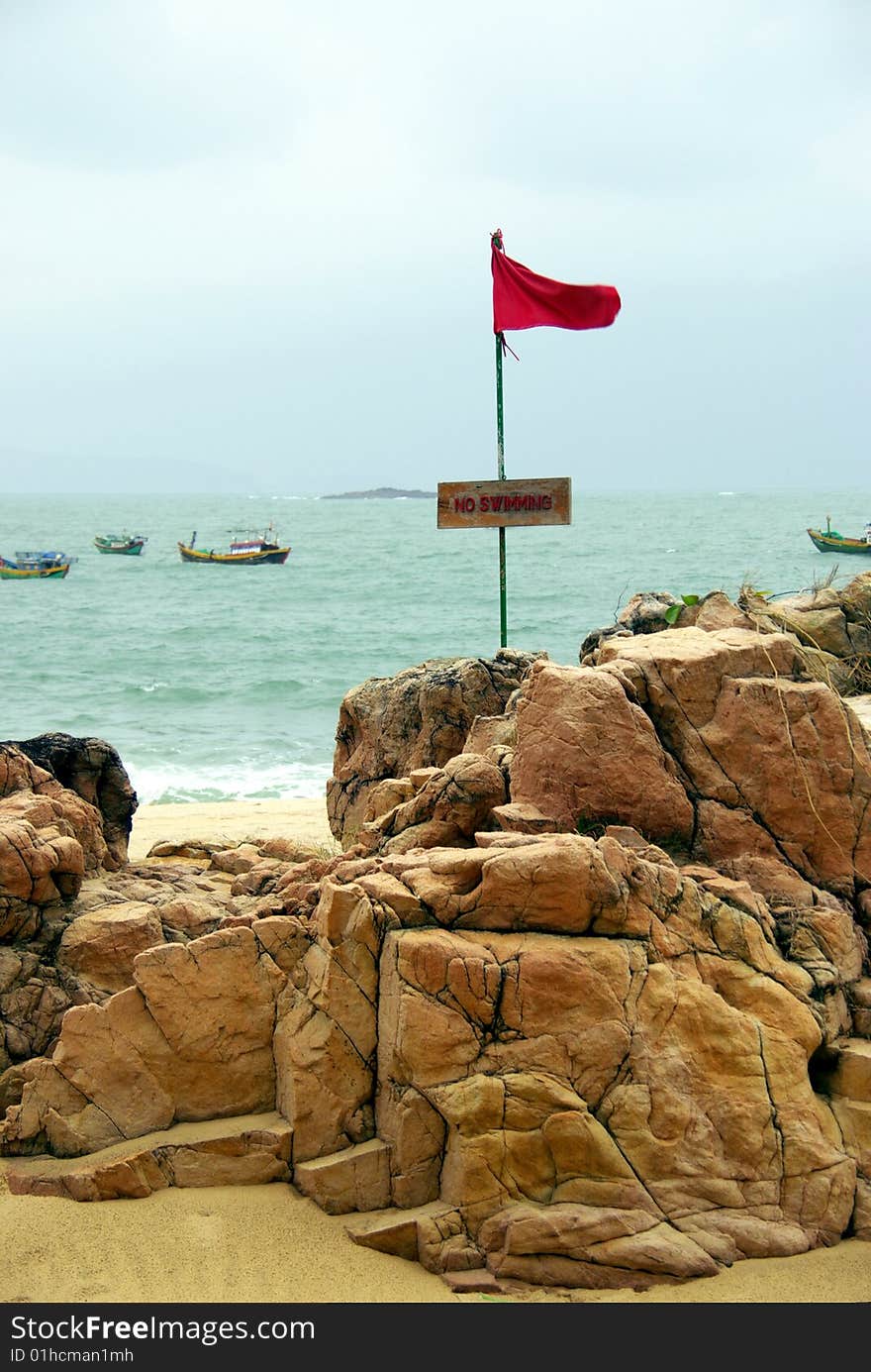 The red flag at a beach in Vietnam