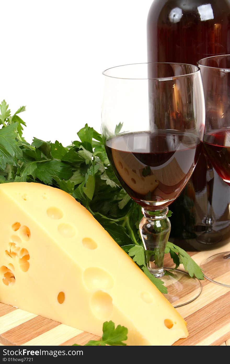 Wine, cheese and green parsley. Wine, cheese and green parsley