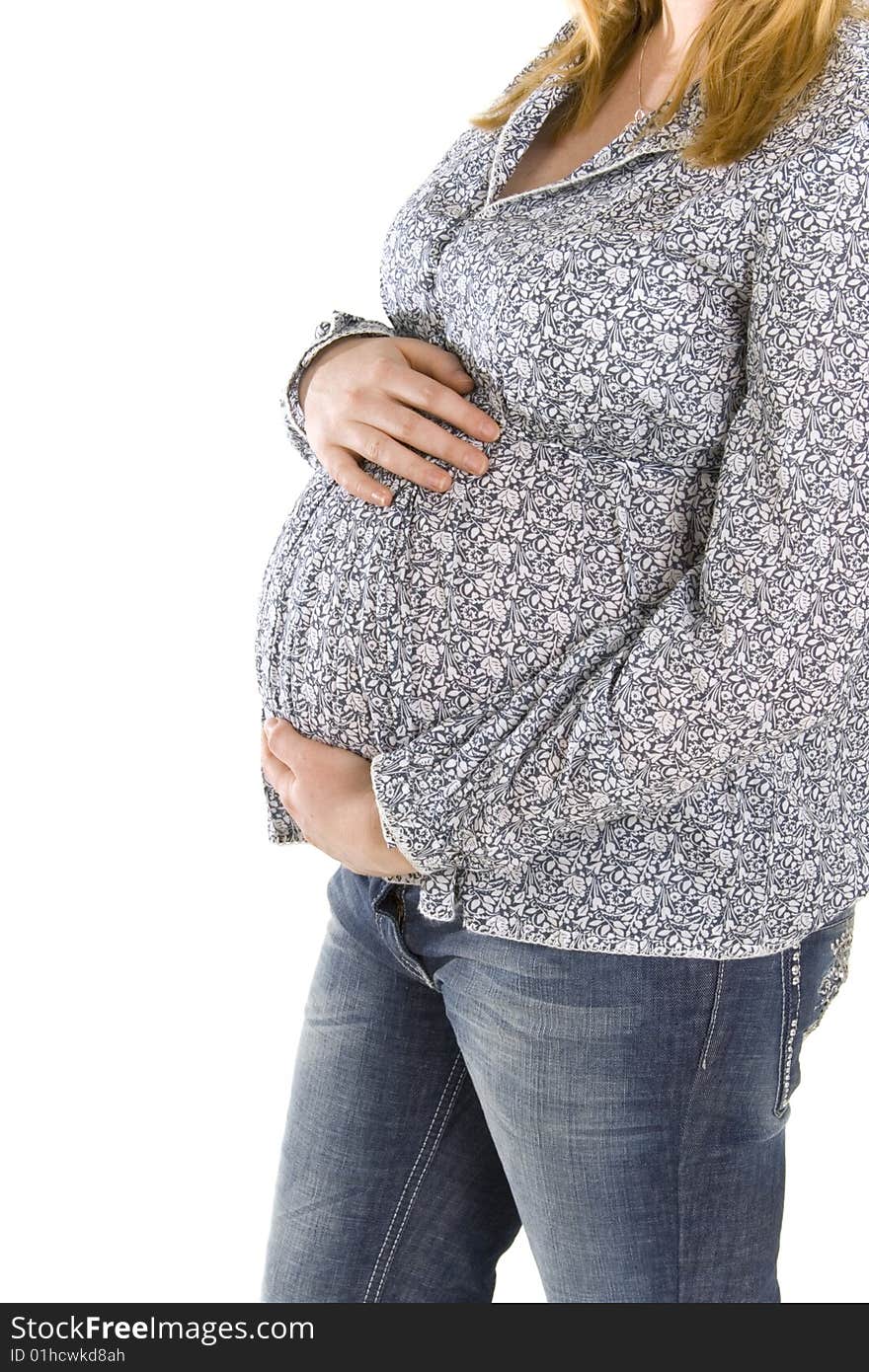 Pregnant belly on white background