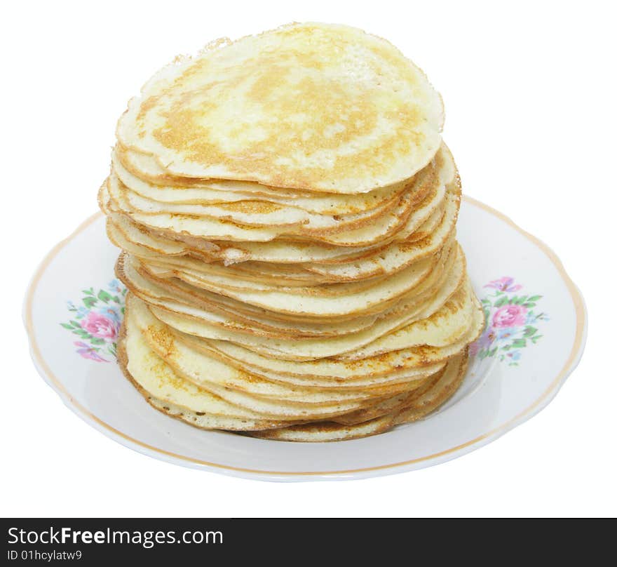 Hot pancakes on white background