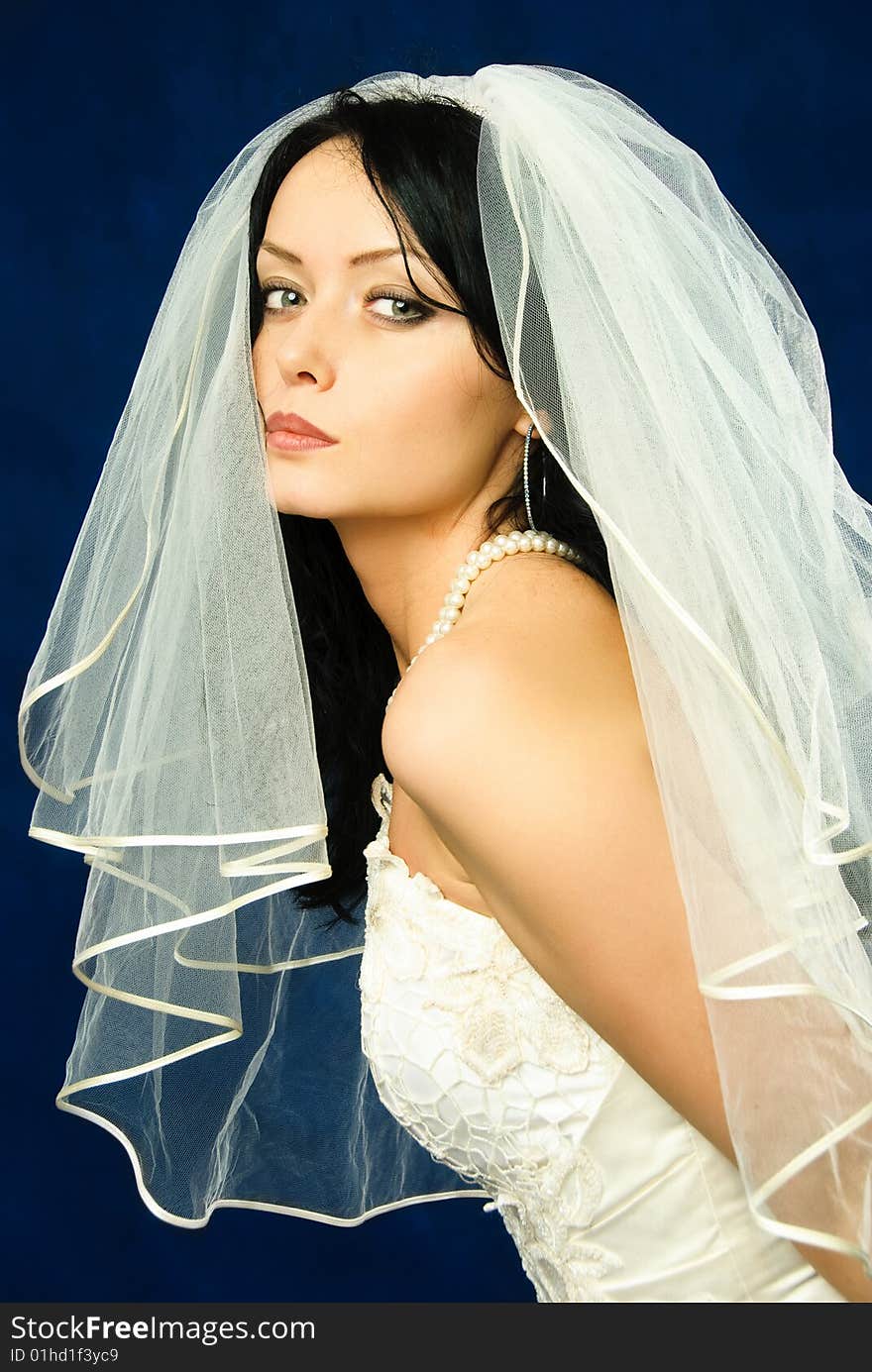 Studio portrait of a beautiful brunette bride against blue background