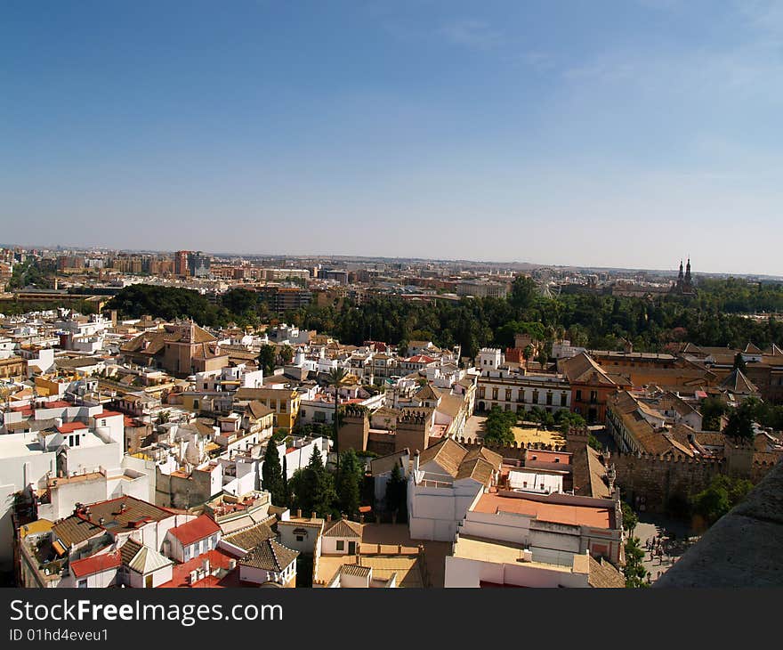 Panoramic view of Sevilla Spain. Landscape. General view or scene of Sevilla city. Tourists attraction in Andalusia. Spain