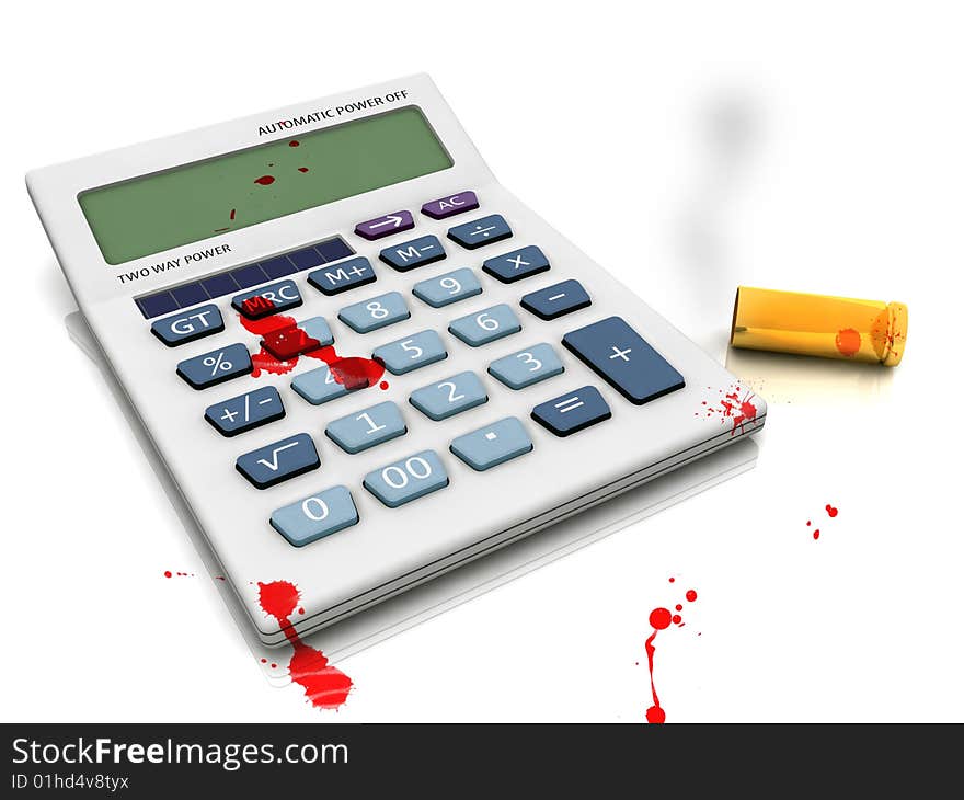 Suicide in crisis - calculator and empty bullets - blood scene. Suicide in crisis - calculator and empty bullets - blood scene.