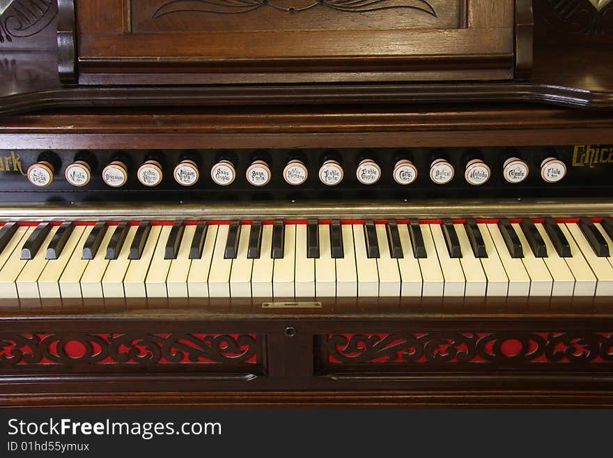 Close up of the keyboard of an American organ. Close up of the keyboard of an American organ