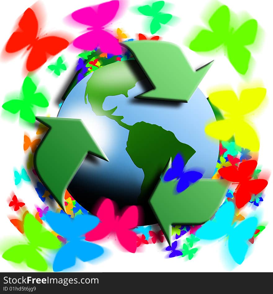 Recycling symbol with earth in the center and butterflies flying around