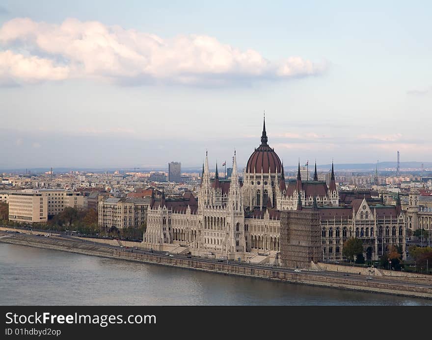 Budapest parliament on the river Danube with blue sky. Budapest parliament on the river Danube with blue sky