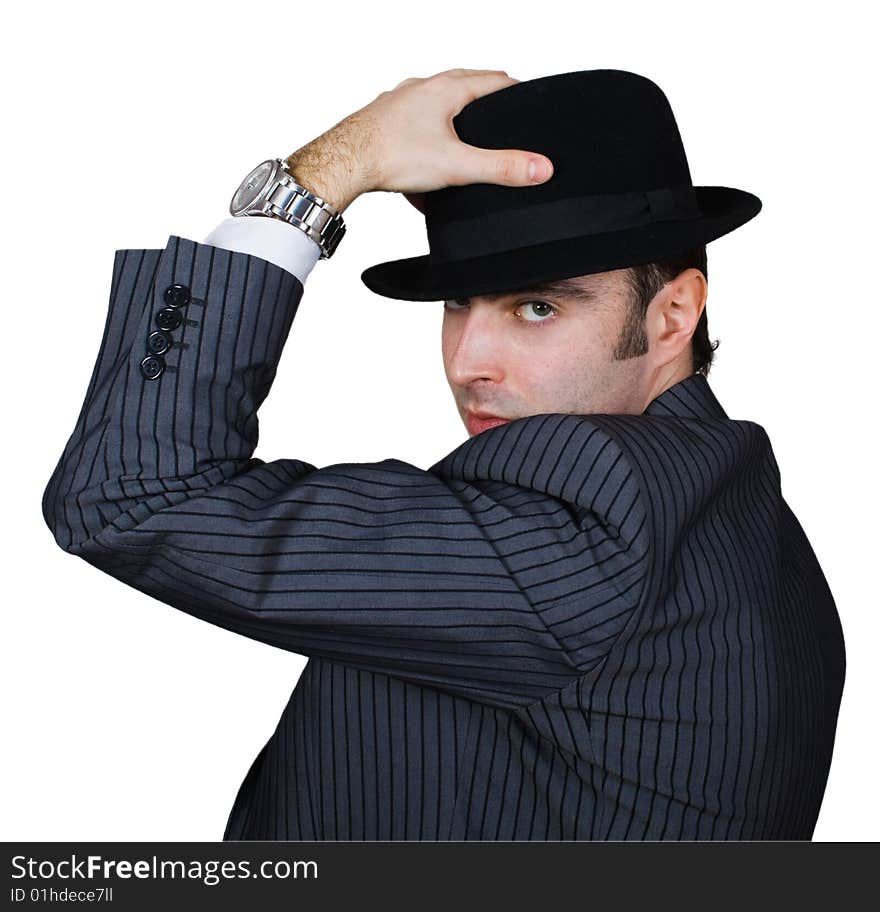 Retro Businessman Holding Hat