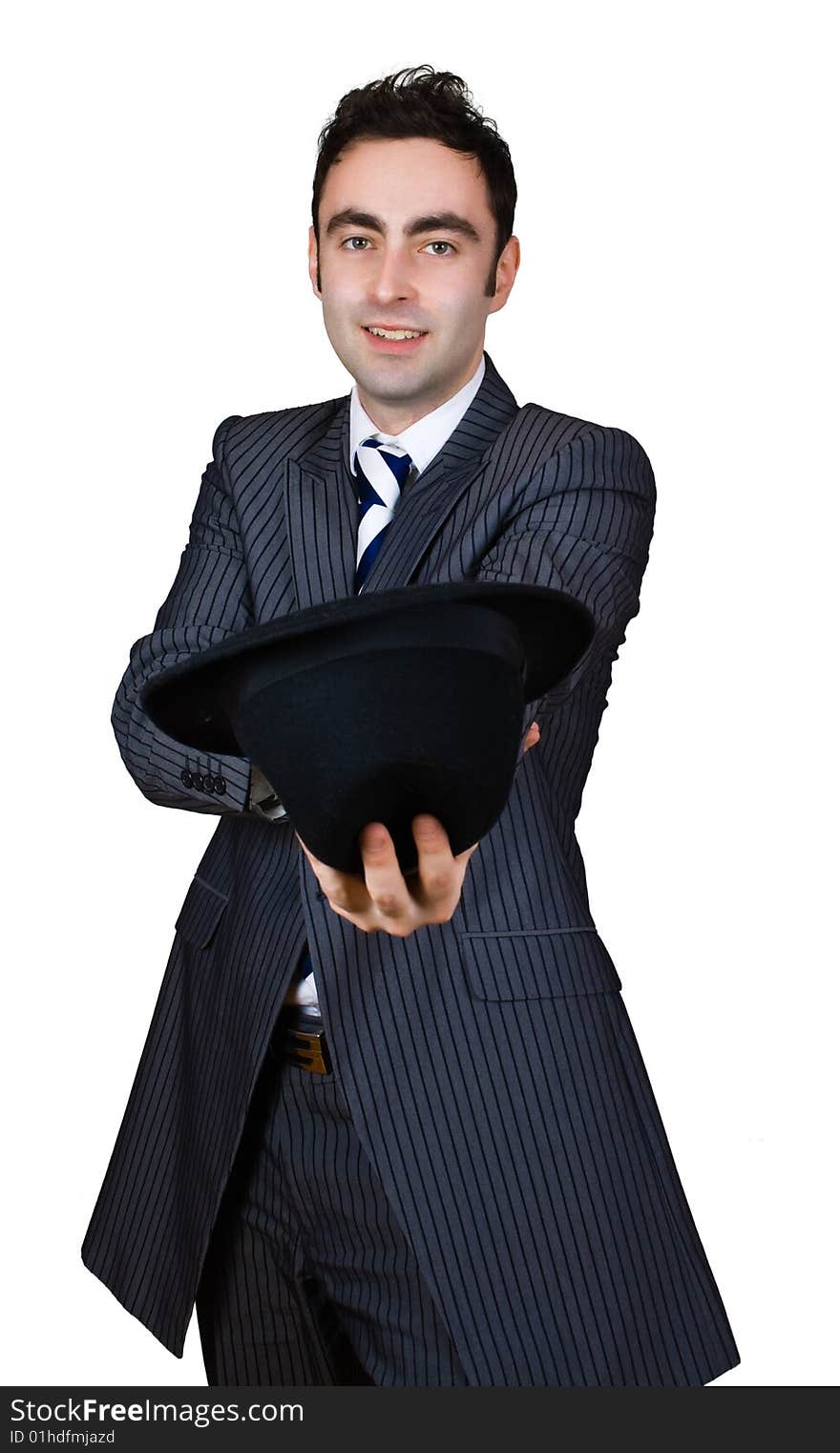 Retro businessman come cap in hand isolated over white with clipping path