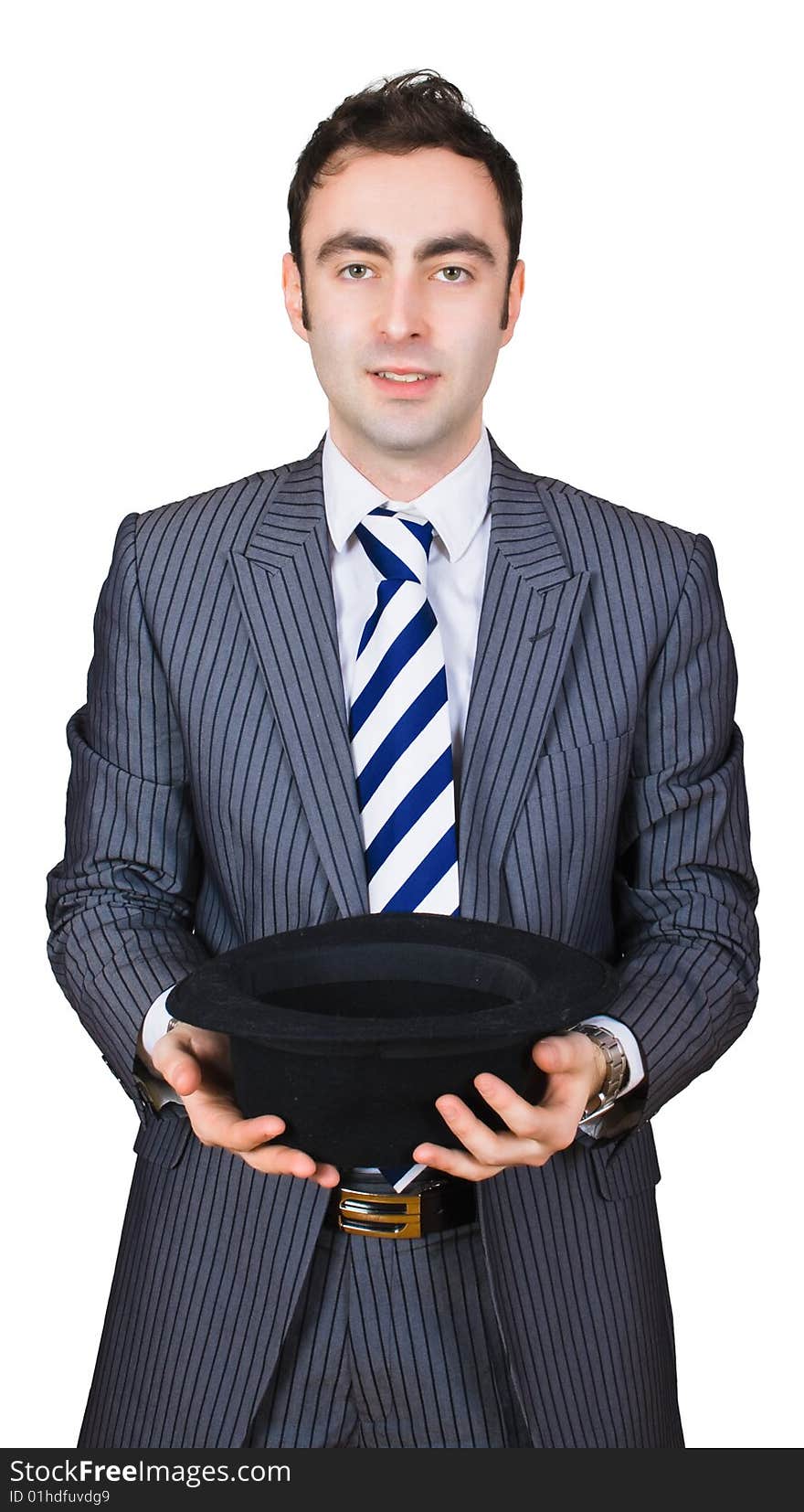 Retro businessman come cap in hand isolated over white with clipping path