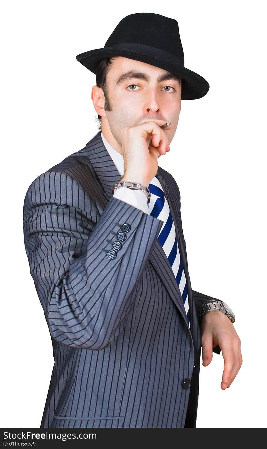 Retro businessman smoke a cigarette isolated over white with clipping path