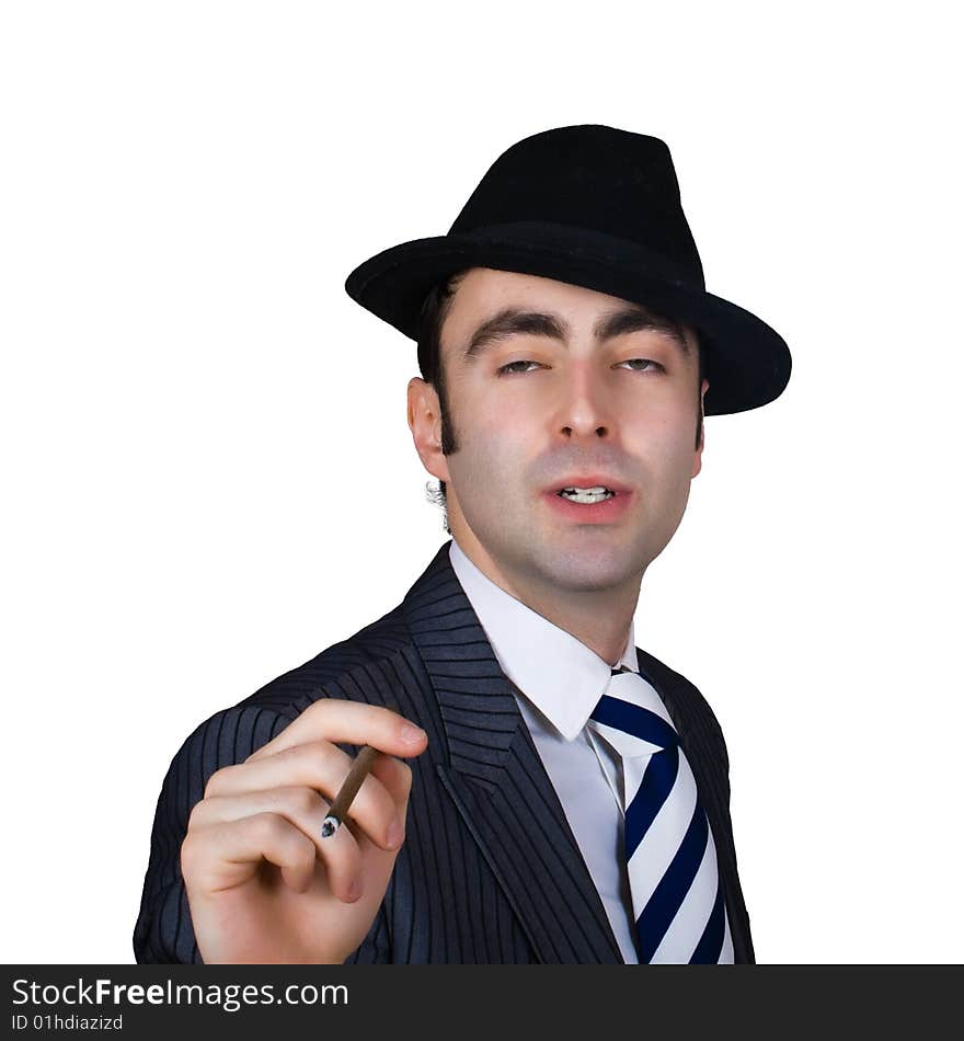 Retro businessman smoke a cigarette isolated over white with clipping path