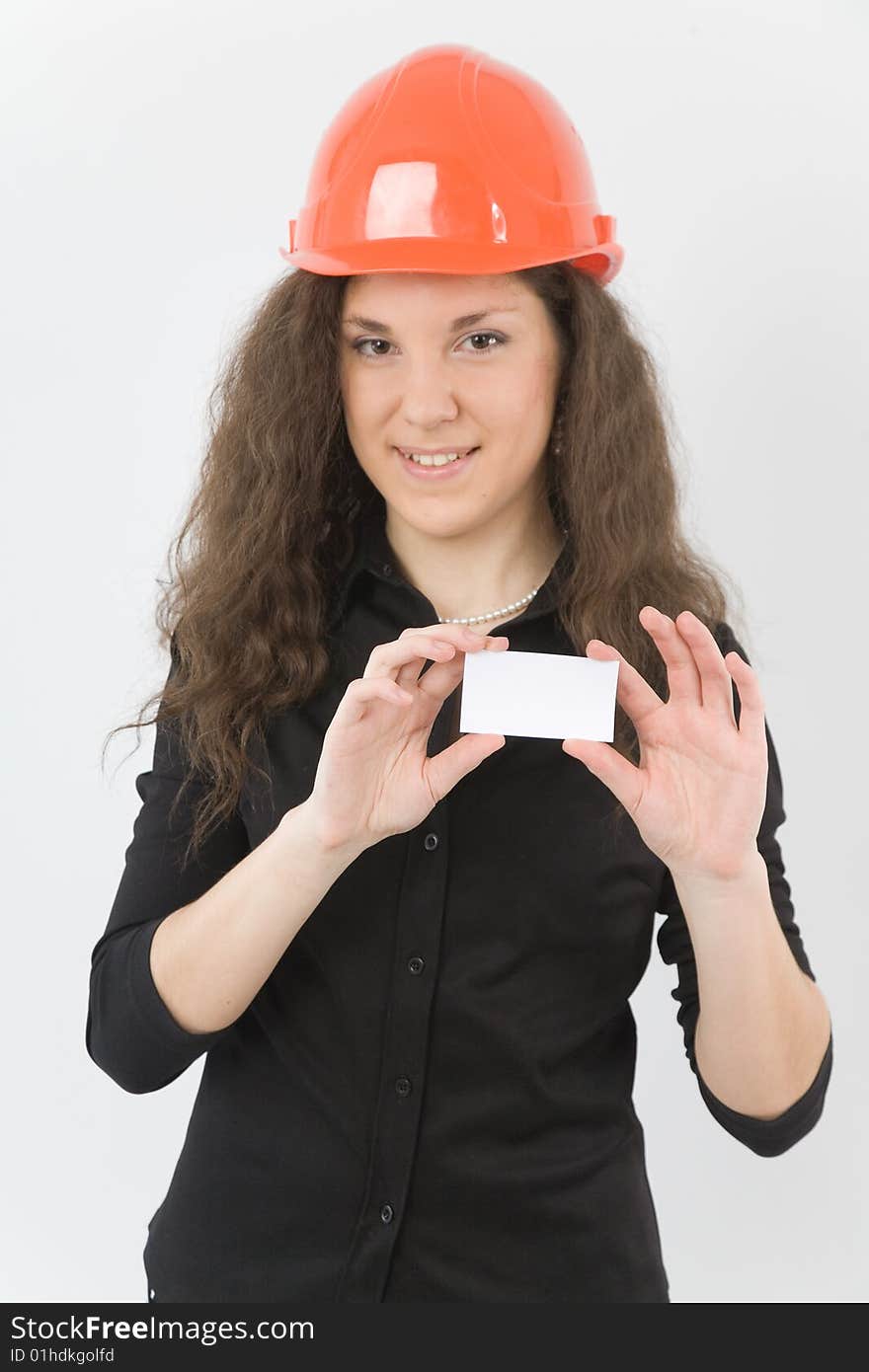 Photo of pretty smiling woman with busines card. Photo of pretty smiling woman with busines card