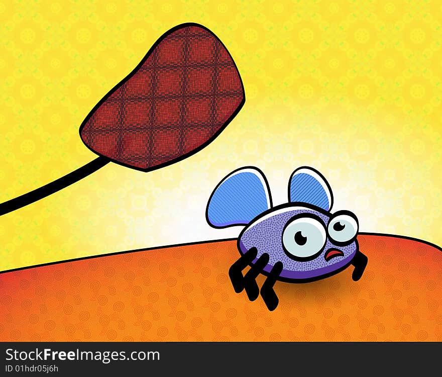 Cartoon illustration of an insect and a flyswatter. Cartoon illustration of an insect and a flyswatter